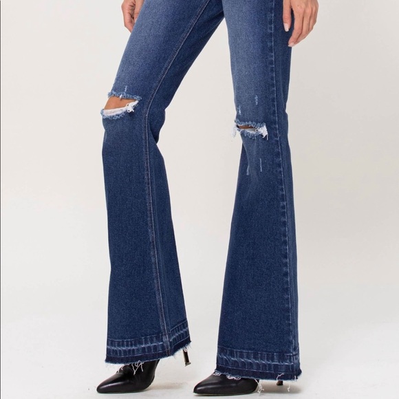 Cello Dark Denim Distressed Flare Jeans - Picture 3 of 4